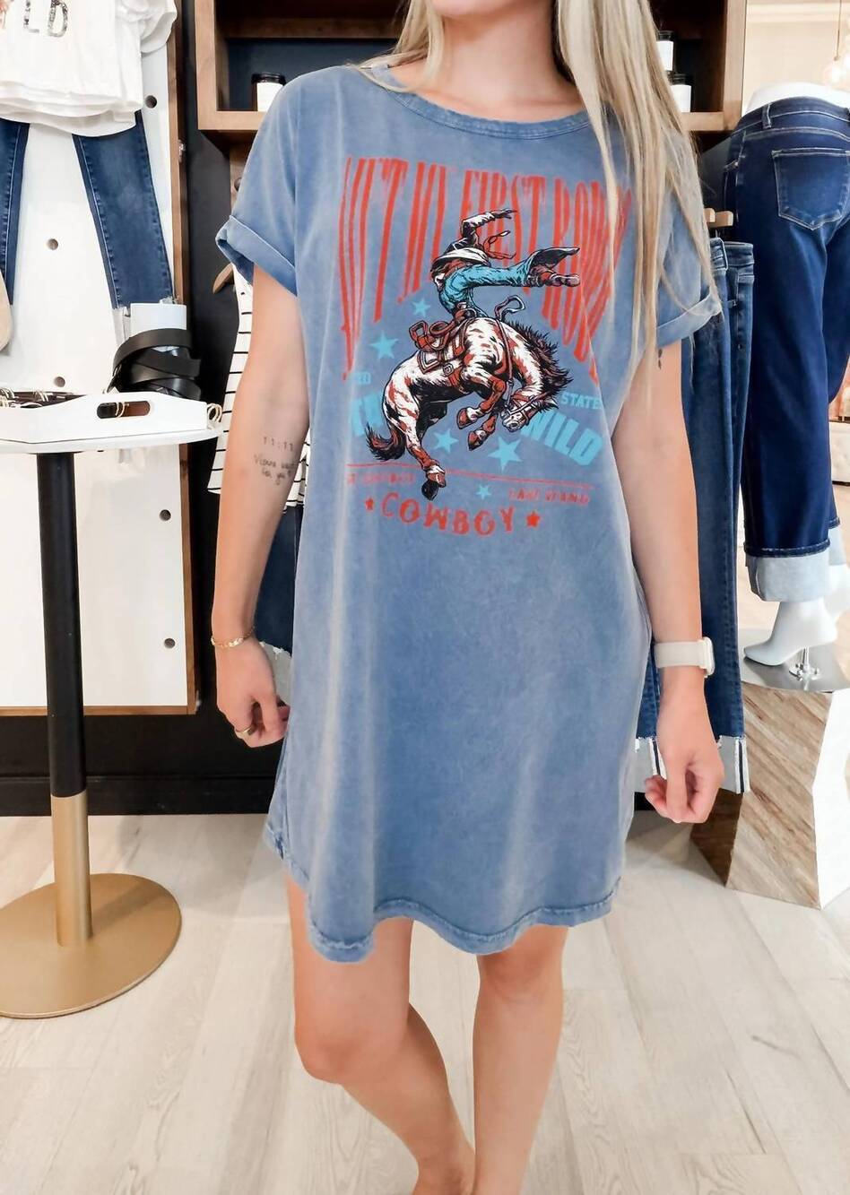 NEW FASHION GO ain't my first rodeo graphic dress in mineral denim